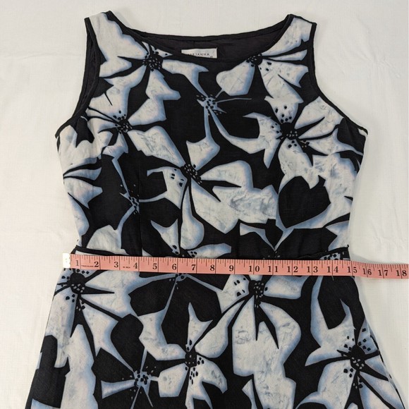 Adrianna Papell 10 Linen Blend Black White Blue Floral Sleeveless Midi Dress - Picture 8 of 13
